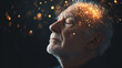 © Екатерина Чумаченко - Elderly man with closed eyes, head filled with glowing light, symbolizing mental overload, stress, and burnout. Represents concepts of thinking, dementia, and migraines