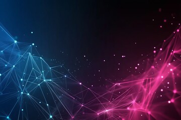 Abstract technological background with polygonal lines and glowing dots, a vector illustration in dark blue and pink colors for digital marketing or tech banner design