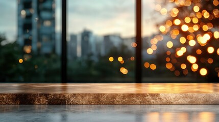 Poster - A modern office interior featuring expansive windows that display the skyline, complemented by warm light bokeh creating a dynamic and inspiring work environment.