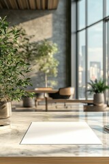 Poster - Modern office workspace natural decor & urban city view interior design aesthetics