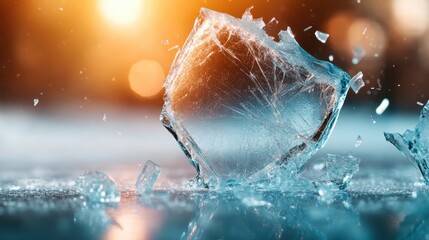 Poster - A striking image of a shattered ice crystal, illuminated by warm light, showcasing the fragility and beauty of ice in a captivating composition of reflections and textures.