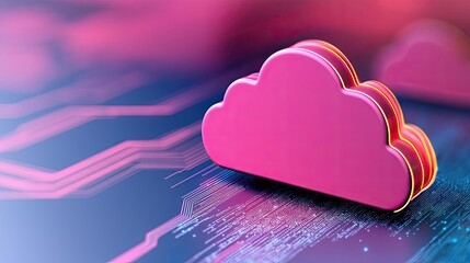 Poster - Cloud technology database and server backup storage concept. Stylized pink cloud icon over a digital circuit background representing cloud computing.
