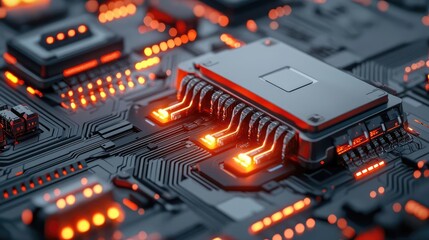 Poster - Cloud technology database and server backup storage concept. Close-up of a microchip on a circuit board with glowing elements.