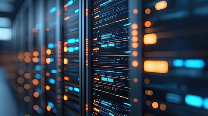 Poster - Cloud technology database and server backup storage concept. Modern server room with illuminated racks showcasing advanced data storage.