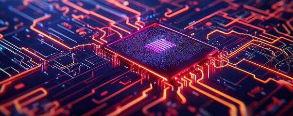 Poster - Cloud technology in public and private server storage concept. Close-up of a modern microchip on an intricate circuit board with vibrant lights.