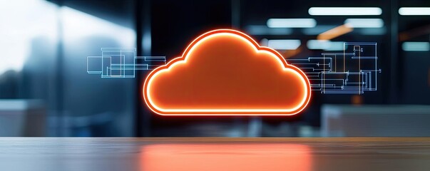 Poster - Cloud technology database and server backup storage concept. A glowing orange cloud icon symbolizing digital storage and data management.