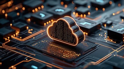 Aufkleber - Cloud technology database and server backup storage concept. A vibrant digital cloud symbol on a circuit board, representing cloud computing technology.
