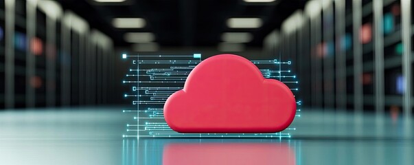 Poster - Cloud technology in public and private server storage concept. A vibrant cloud icon symbolizes cloud computing in a digital environment.