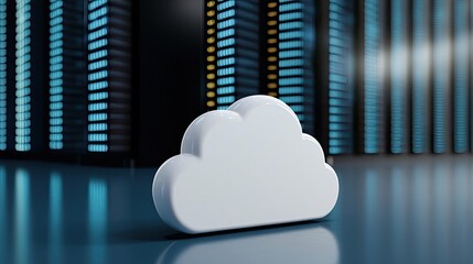 Poster - Cloud technology private and public storage server concept. Modern cloud storage symbol displayed near a data center with blue lights.