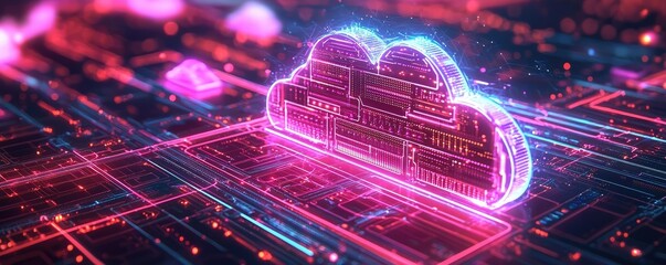 Poster - Cloud technology private and public storage server concept. A vibrant, digital cloud symbolizing data storage in a high-tech environment.