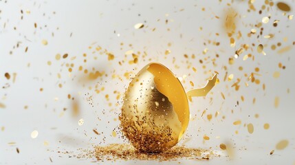 Wall Mural - A cracked golden egg on a white surface with gold confetti.