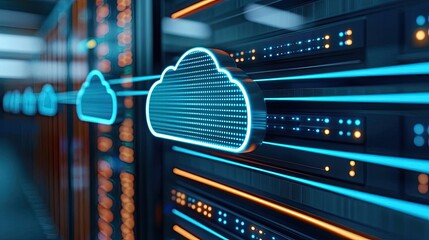Poster - Cloud technology in public and private server storage concept. Modern cloud computing technology represented with vibrant server details.