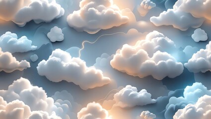 Wall Mural - dreamy cloudscape: a serene digital artwork of fluffy clouds illuminated by soft light