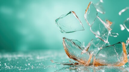 Poster - A dynamic close-up of broken glass pieces scattered on a glossy surface, showcasing the beauty and fragility of glass, capturing both chaos and artistry in this moment.