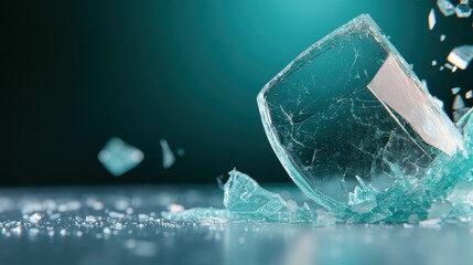 Poster - A stunning close-up of broken glass is shown with a soft-focus background, highlighting the interplay of light and texture, evoking feelings of fragility and beauty in decay.