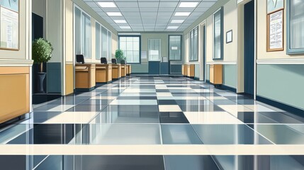 Poster - Bright and spacious hallway with polished floor and plants