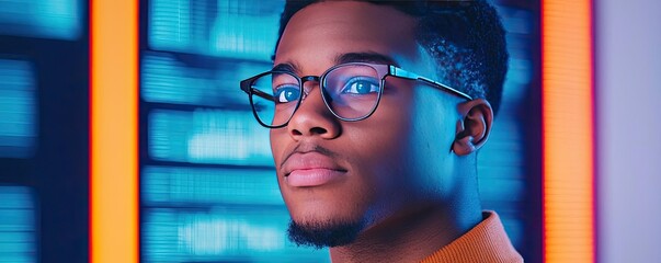 Poster - Cybersecurity data protection in database computing concept. Portrait of a focused young man in a modern, vibrant setting.