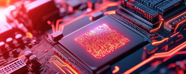 Poster - Cybersecurity data protection in database computing concept. High-tech circuit board with glowing red processor chip.