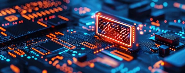 Poster - Cybersecurity protection in cyberspace and computing concept. Close-up view of a colorful printed circuit board with lights.