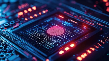 Poster - Cybersecurity data protection in database computing concept. Close-up of modern circuit board with glowing lights and patterns.