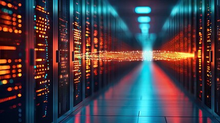 Aufkleber - Cybersecurity protection in cyberspace and computing concept. Vibrant server room showcasing data flow and advanced technology.