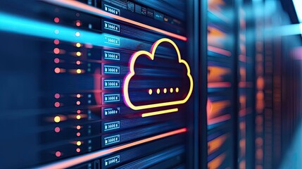 Aufkleber - Cloud technology database and server backup storage concept. Vibrant server room with cloud computing symbol representing digital innovation.