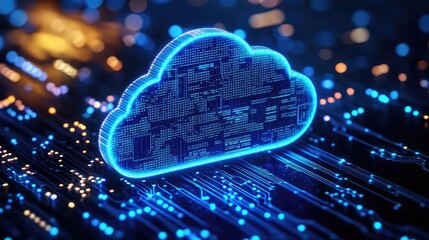 Poster - Cloud technology database and server backup storage concept. Futuristic cloud symbol over a circuit board, representing digital data storage.