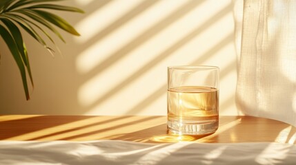 Poster - a vibrant glass of water reflects warm sunlight, casting beautiful shadows on a wooden surface, high