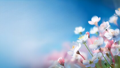Poster - spring flower background. Beautiful spring scene with flowers blooming in the meadow on a blue sky background.