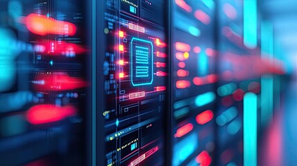 Poster - Cybersecurity data protection in database computing concept. Futuristic server room with illuminated data processing units.