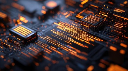 Aufkleber - Cybersecurity data protection in database computing concept. Close-up of a modern circuit board with glowing elements.