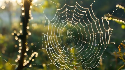 Wall Mural - a spider web covered in dew drops sparkles in the sunlight.