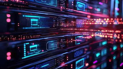 Aufkleber - Cybersecurity data protection in database computing concept. Futuristic server room with glowing lights and digital components.