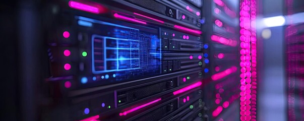 Aufkleber - Cybersecurity data protection in database computing concept. Close-up of modern server equipment with vibrant LED lights.