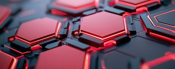 Poster - Cybersecurity data protection in database computing concept. Abstract hexagonal pattern with red and black colors.