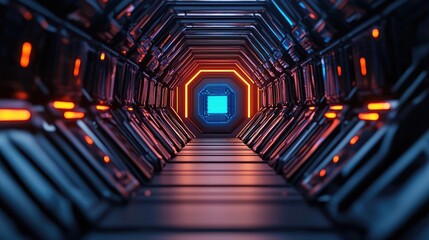 Poster - Cybersecurity database computing and data protection concept. Futuristic corridor featuring glowing lights and metallic structures.