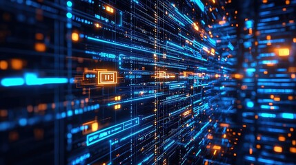 Poster - Cybersecurity database computing and data protection concept. Abstract digital technology background with glowing blue lines.