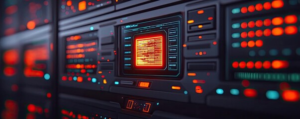 Poster - Cybersecurity database computing and data protection concept. Futuristic data server with glowing lights and digital displays.