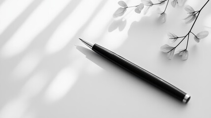 Poster - Sleek Black Pen on Minimalist Workspace with Delicate Leaves and Shadows
