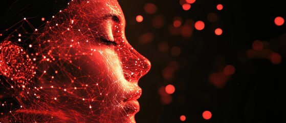 Aufkleber - Profile of a woman with a digital overlay, glowing particles in background