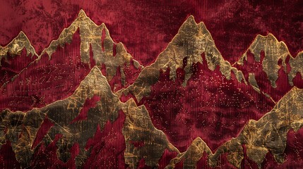 Wall Mural - A close-up of a red velvet fabric with a gold mountain design.