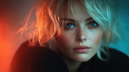 Poster - An artistic portrayal of a young woman with curly hair and blue eyes, bathed in warm light, evoking a sense of wonder and beauty, blending emotion with visual artistry.