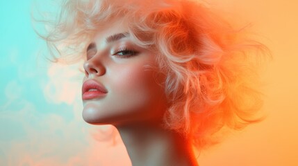 Poster - A beautiful profile of a stylish girl with curly hair highlighted by vibrant yellow and blue tones, creating an artistic depiction of youth and individuality.