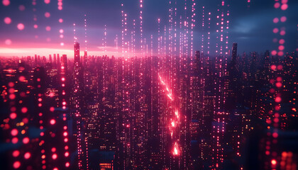 Poster - futuristic cityscape at sunset, glowing with digital data streams. intense magenta and pink hues dom
