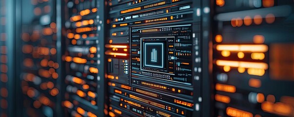 Aufkleber - Cybersecurity data protection in database computing concept. Close-up of a server with illuminated circuits and processors.
