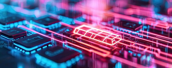 Aufkleber - Cybersecurity database computing and data protection concept. Vibrant circuit board with neon lights showcasing modern technology.