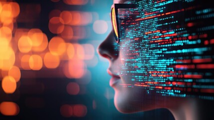 Aufkleber - Cybersecurity protection in cyberspace and computing concept. Futuristic portrait with data flow and digital elements.