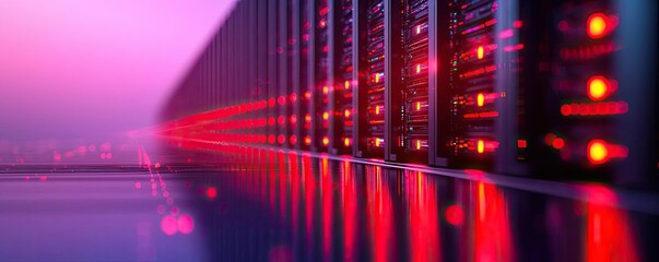 Aufkleber - Cybersecurity database computing and data protection concept. Close-up view of server racks with illuminated lights and cables.