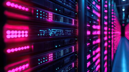 Aufkleber - Cybersecurity database computing and data protection concept. Close-up of modern server with vibrant lights in data center.