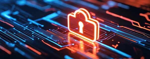 Aufkleber - Cybersecurity protection in cyberspace and computing concept. Digital lock icon on circuit board background representing security.